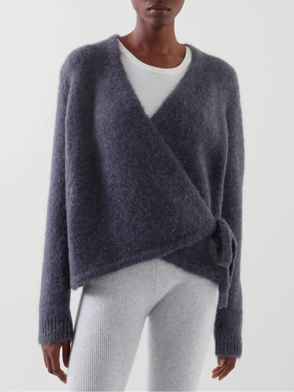 COS Wool Alpaca Blend Wrap Cardigan Sweater Blue Gray Size S